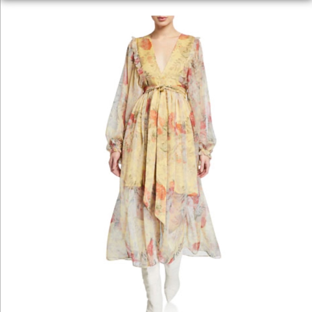 NWT Caara Floral Balloon-Sleeve Ruffle Midi Dress
